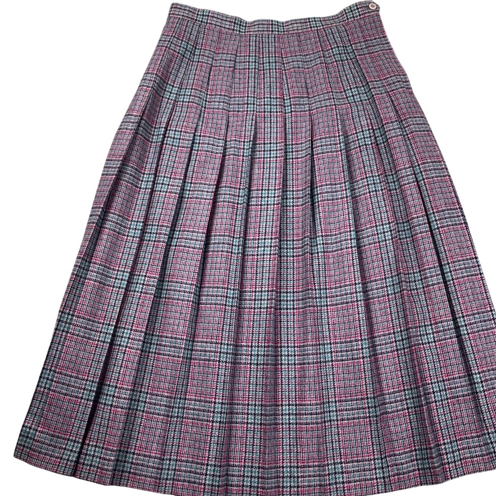 Panther Skirt Women 13/14 Pink Teal Houndstooth Plaid Pleat 80s Midi Wool Blend‎